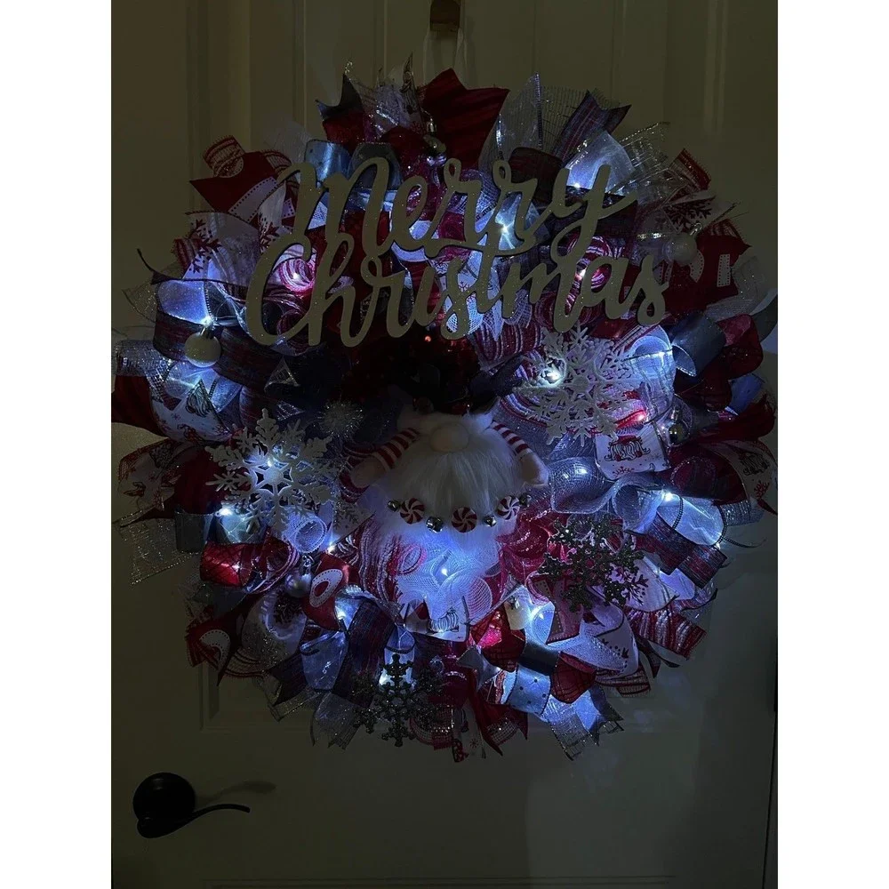 Handmade Christmas Reindeer Gnome Holiday Ribbon Door Wreath 26 ins LED XLW4